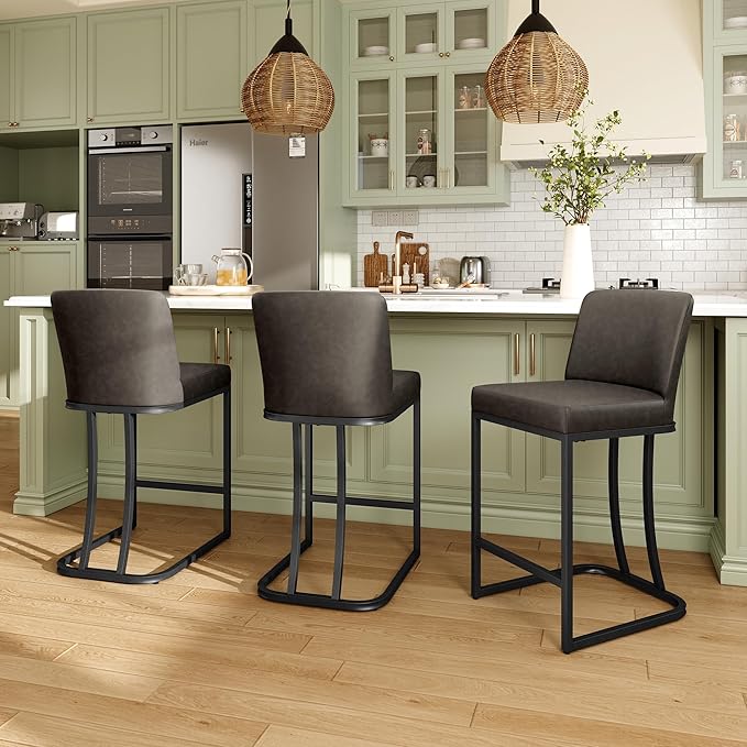 MAISON ARTS Counter Height Bar Stools with Back Set of 4 for Kitchen Counter, 24 Inch Modern Upholstered Faux Leather Barstools Farmhouse Bar Chairs Luxury Island Stools Support 330LBS, Grey