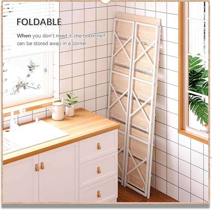 4NM 6 Tiers No Assembly Book Shelves, 61.8" H Folding Bookshelf Bookcase Open Industrial Foldable Shelves for Bedroom, Living Room, Home Office - Natural White