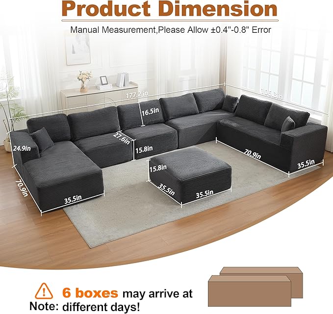 Modular Sectional Cloud Couch for Living Room,Modern Boneless Couche Set with Plush Corduroy,Comfy Floor Sofa with Memory Foam,Stupendous U Shaped Sofa with Ottoman,No Assembly Required,Grey