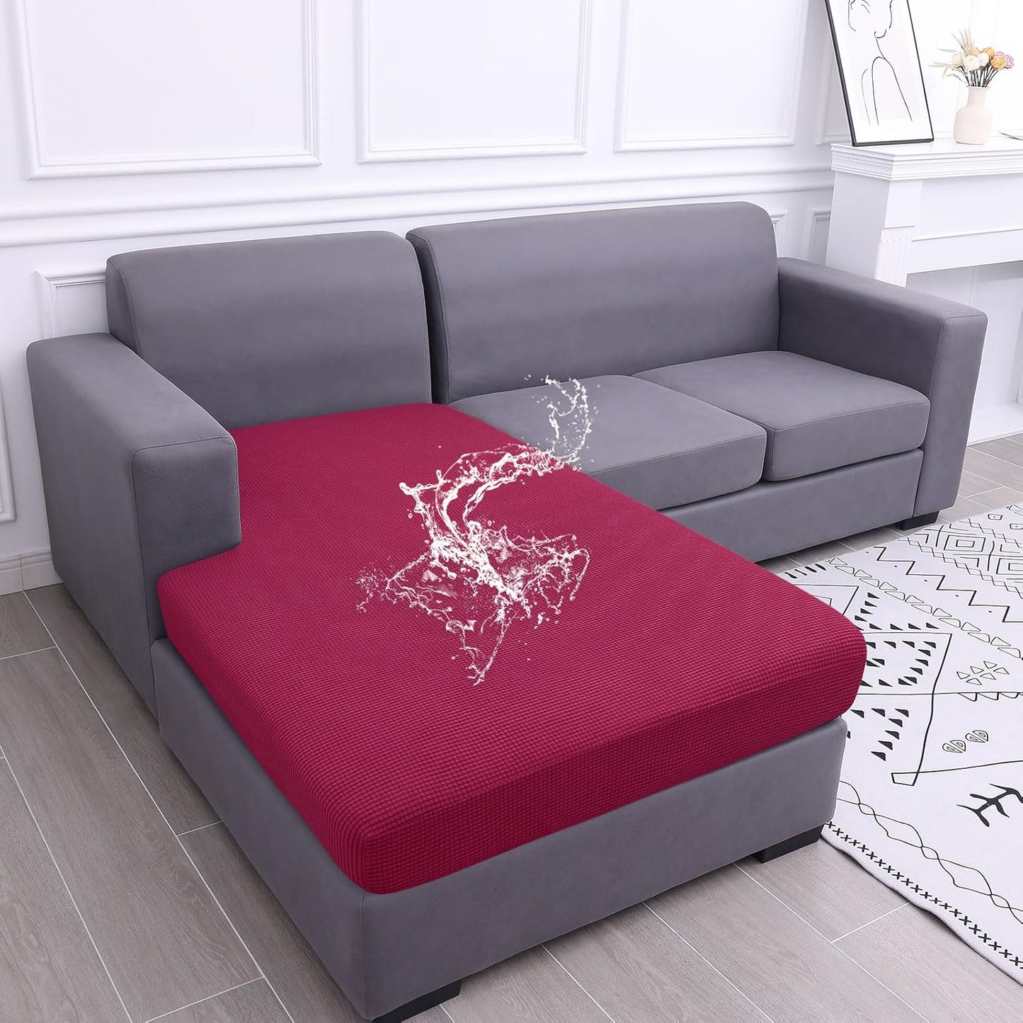 hyha Waterproof Sectional Couch Covers, Non Slip Sofa Couch Cushion Covers L Shape, Thick Stretch Jacquard Fabric, Washable Sofa Slipcovers with Elastic Bottom (1 Piece for Chaise, Wine Red)