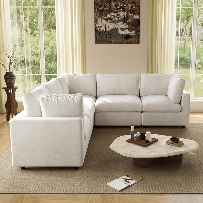 WJShome V Shaped Sectional Couch 100 Inch 5-Seater Modern Modular Sofa,Chenille Deep Seat Couches for Living Room, Bedroom and Apartment，Beige