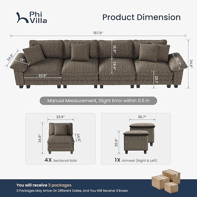 PHI VILLA Cloud Modular Couches Sets, 157.5" Sectional Sofa with Upholstered Deep Seat, 4-Seater Long Couches for Living Room Apartment, Chenille Fabric, Smoky Grey