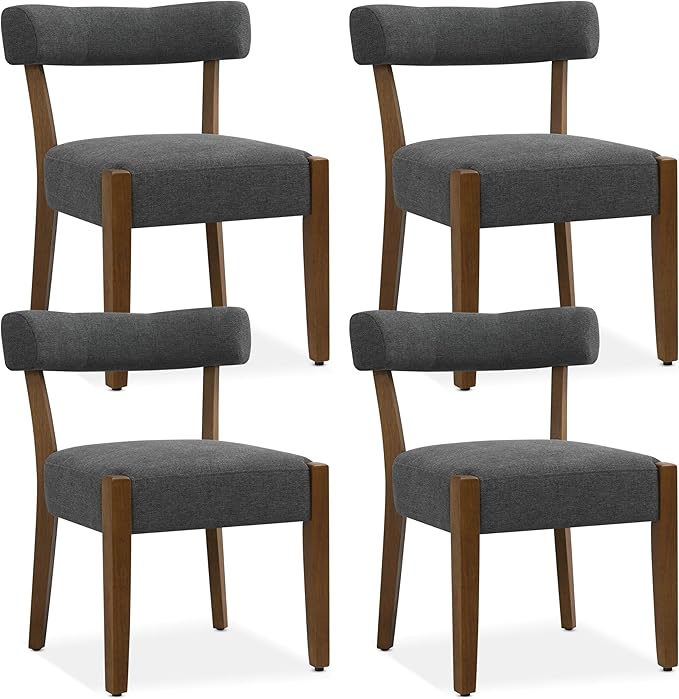Modern Dining Chairs Set of 4, Walnut Upholstered Kitchen & Dining Room Chairs, Mid Century Wooden Dining Chairs Oversized Sturdy Fabric Rounded Chairs Curved Back, Dark Grey
