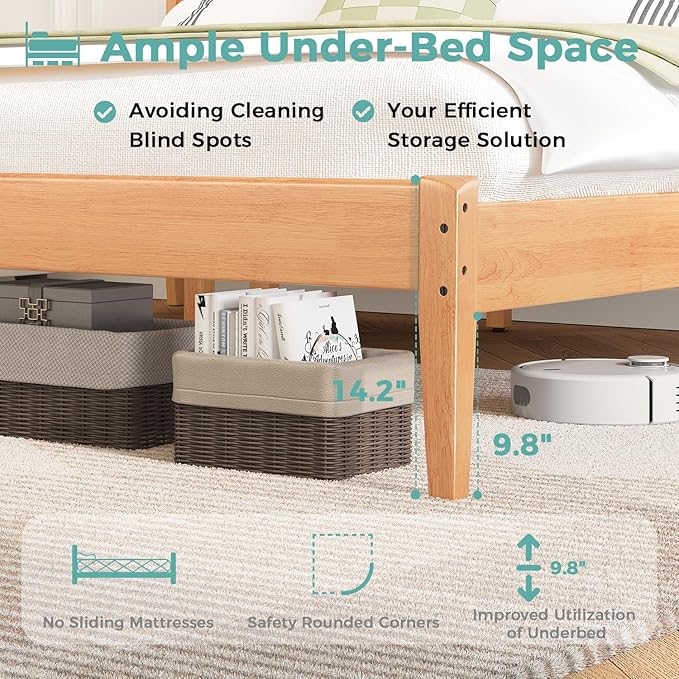 Solid Wood Queen Bed Frame, Malaysian Oak Platform Bed with Ladder Headboard, Modern Bedframe with Elevated Bed Legs, No Box Spring Needed, Noise-Free, Queen Size, Rustic Pine