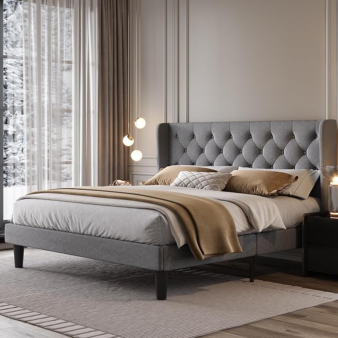 SHA CERLIN King Size Upholstered Platform Bed Frame with Wingback Headboard, Tufted Linen Fabric, Wooden Slats Support, Easy Assembly, Light Grey