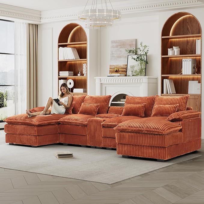HYJT-H&K 124" U Shaped Cloud Couch Sectional, Comfy Fluffy Plush Corduroy Orange Sectional Couches for Living Room, Modern Modular Corduroy Couch Sectionals with Central Console & Double Chaise