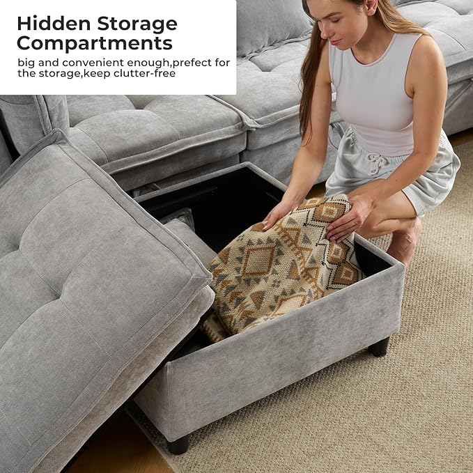 133" U-Shaped Modern Sofa, Modular Sectional Cloud Couch with 2 Ottoman, Oversized Modular Sectional Sofa with Storage Ottoman, 6-Seat Chenille Deep Seat Sofa with 6 Pillows for Living Room, Grey