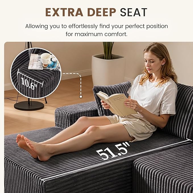 Apicizon 113" Sectional Sofa Couch for Living Room, 3 Seat Boneless Sofa with Chaise Longue, L-Shape Modular Sectional Couches with Deep Seat for Apartment，No Assembly Required (Stripe Corduroy Gray)