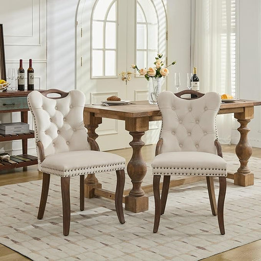 Velvet Dining Chairs Set of 2, Solid Wood Handles, Wooden Upholstered Dining Chair, Vintage Copper Nail Decoration, Mid Century Modern Kitchen Chair (Beige, Set of 2)