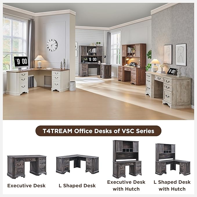 T4TREAM 59" Farmhouse Executive Desk with Hutch,Wood Home Office Computer Desk, Featuring Keyboard Tray,Charging Station,File Drawer, Storage Cabinet,for Work and Study (Dark Rustic Oak)