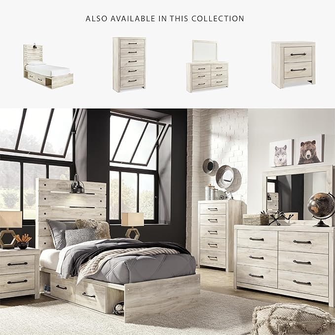 Signature Design by Ashley Cambeck Farmhouse Twin Panel Platform Bed with 2 Storage Drawers, Cubbies, Sconce Light and USB Ports, Foundation or Box Spring Not Needed, Whitewash