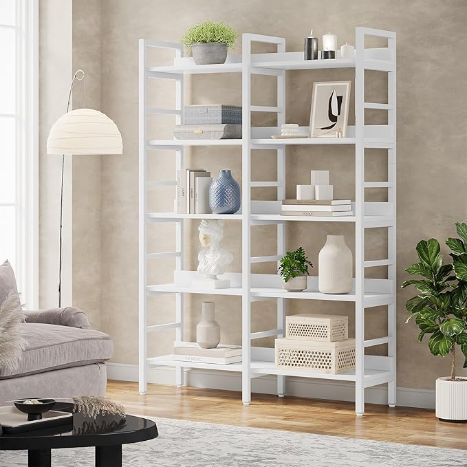 Tribesigns 5-Tier Industrial Bookshelf, 71”H x 47”W Etagere Bookcase, Freestanding Double Wide Book Shelf for Storage and Display, Wood and Metal Bookshelves for Living Room Home Office, White