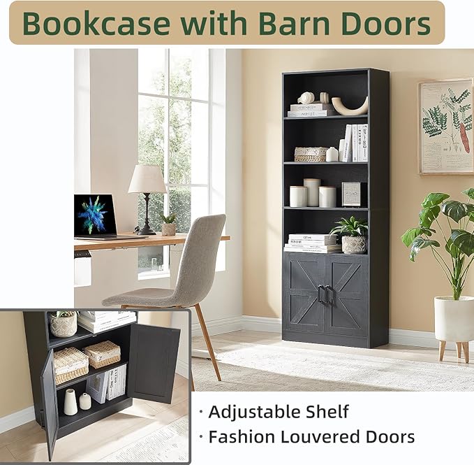 70in Tall Bookshelf 6 Tier Bookcase with Barn Doors and Adjustable Shelf, Black Farmhouse Book Shelves with Storage Cabinet,Wood Floor Standing Display Bookshelve for Bedroom,Living Room,Kitchen