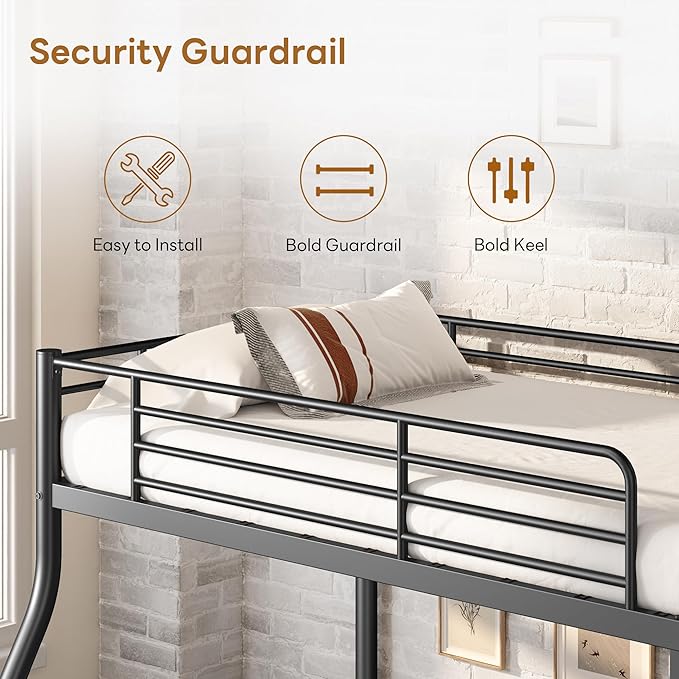soges Metal Bunk Beds Twin Over Full Size with Ladder & Guardrail, Heavy Duty for Teens & Adults, Space Saving, No Box Spring Needed, Idea for Dorms & Small Rooms, Black