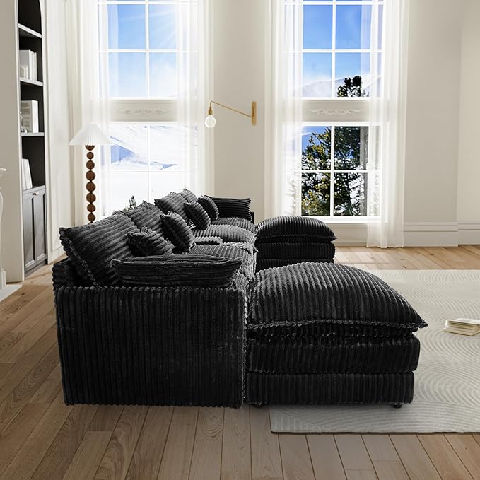 HYJT-H&K 145" U Shaped Cloud Couch Modular Dark Black Sectional Couches for Living Room, Comfy Fluffy Corduroy Oversized Cloud Sectional Couch Large 6 Seat Sectionals Sofa Set Central Console USB Port
