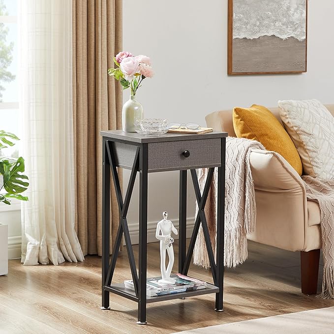 VECELO Tall Nightstand,27.6 inch Wooden End Table with Metal X-Frame,Side Table with Drawer and Storage Shelf for Living Room Bedroom Entryway Small Spaces