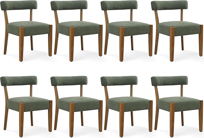 Modern Green Dining Chairs Set of 8, Walnut Upholstered Kitchen & Dining Room Chairs, Mid Century Modern Wooden Dining Chairs Oversized Sturdy Fabric Rounded Chairs Curved Back