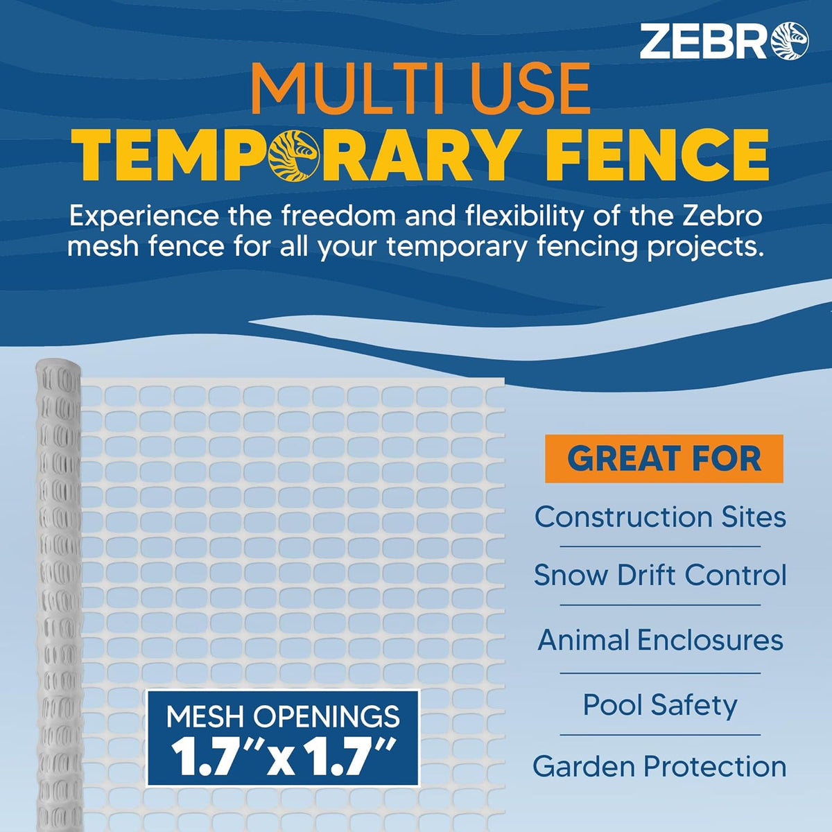 ZEBRO 4' x 50' White Plastic Garden Fence Roll – Standard Duty Safety Netting for Snow, Poultry, Deer, Dogs – Reusable Outdoor Barrier for Yard, Landscaping, Animal Protection