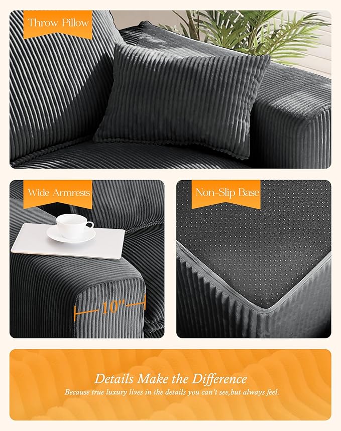 107" Comfy Cloud Couch with U-Shape Chaise & Deep Seat, Modular Sectional Sofa in a Box, Boneless Upholstered Couches for Living Room, No Assembly Required (Soft Corduroy, Gray)
