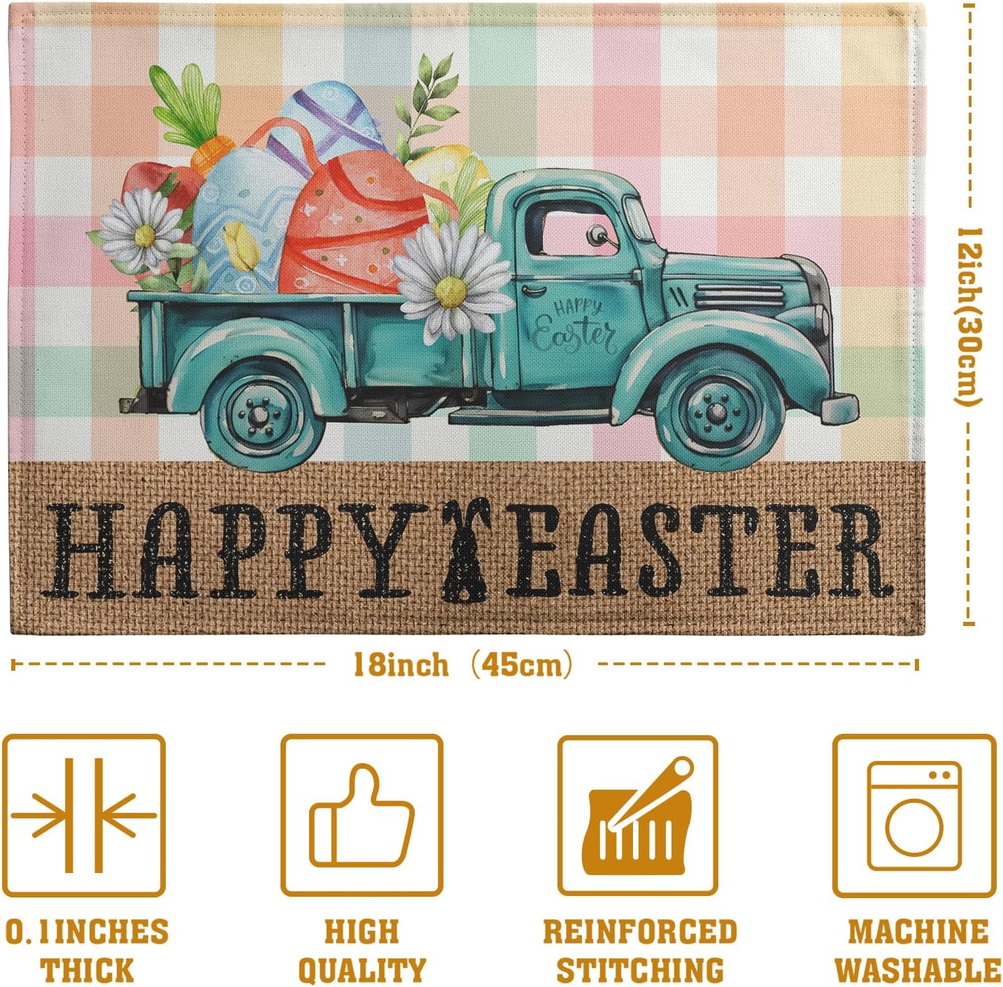 Happy Easter Placemats Set of 4 Pink Yellow Blue Buffalo Plaid Truck Eggs Daisy Easter Table Mats Spring Seasonal Linen Place Mat Washable Place Mats for Party Kitchen Dining Outdoor Indoor Decor