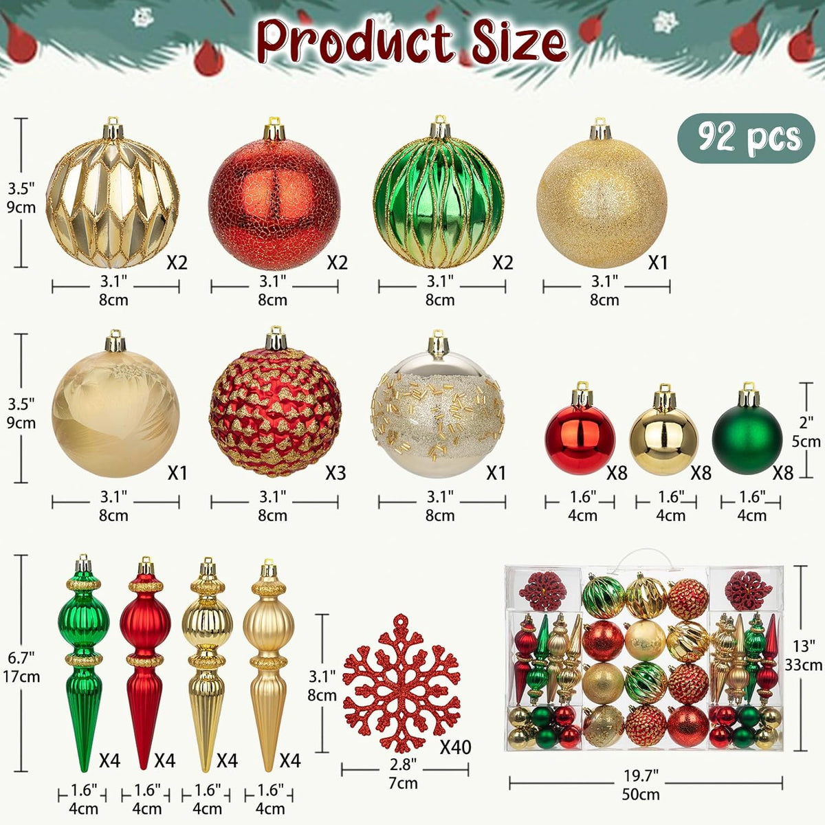 92ct Christmas Tree Decoration Set - Shatterproof Christmas Baubles with Strings for Wreath, Garland & Party Decoration, Red-Green