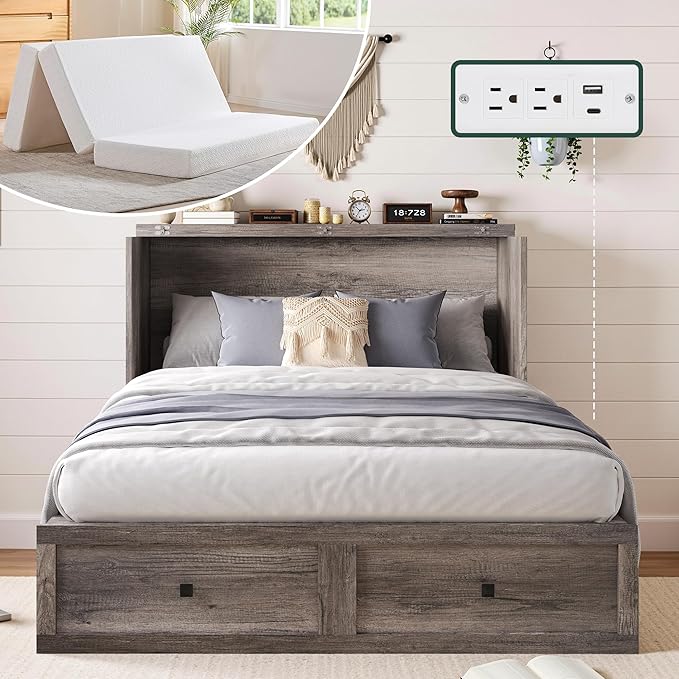Full Murphy Bed with 6" White Tri-Fold Memory Foam Mattress, Storage Drawer & Charging Station, Space-Saving Design for Home Office or Guest Room, Rustic Grey