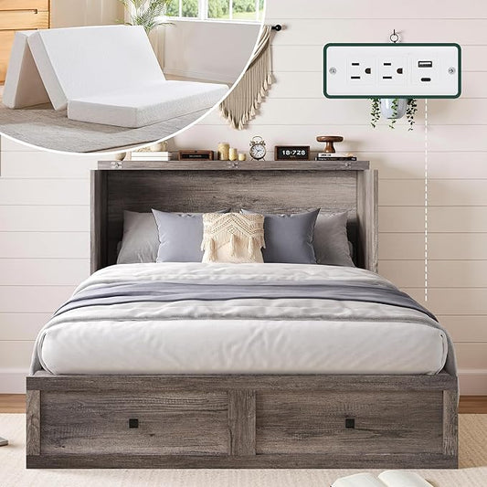 Full Murphy Bed with 6" White Tri-Fold Memory Foam Mattress, Storage Drawer & Charging Station, Space-Saving Design for Home Office or Guest Room, Rustic Grey
