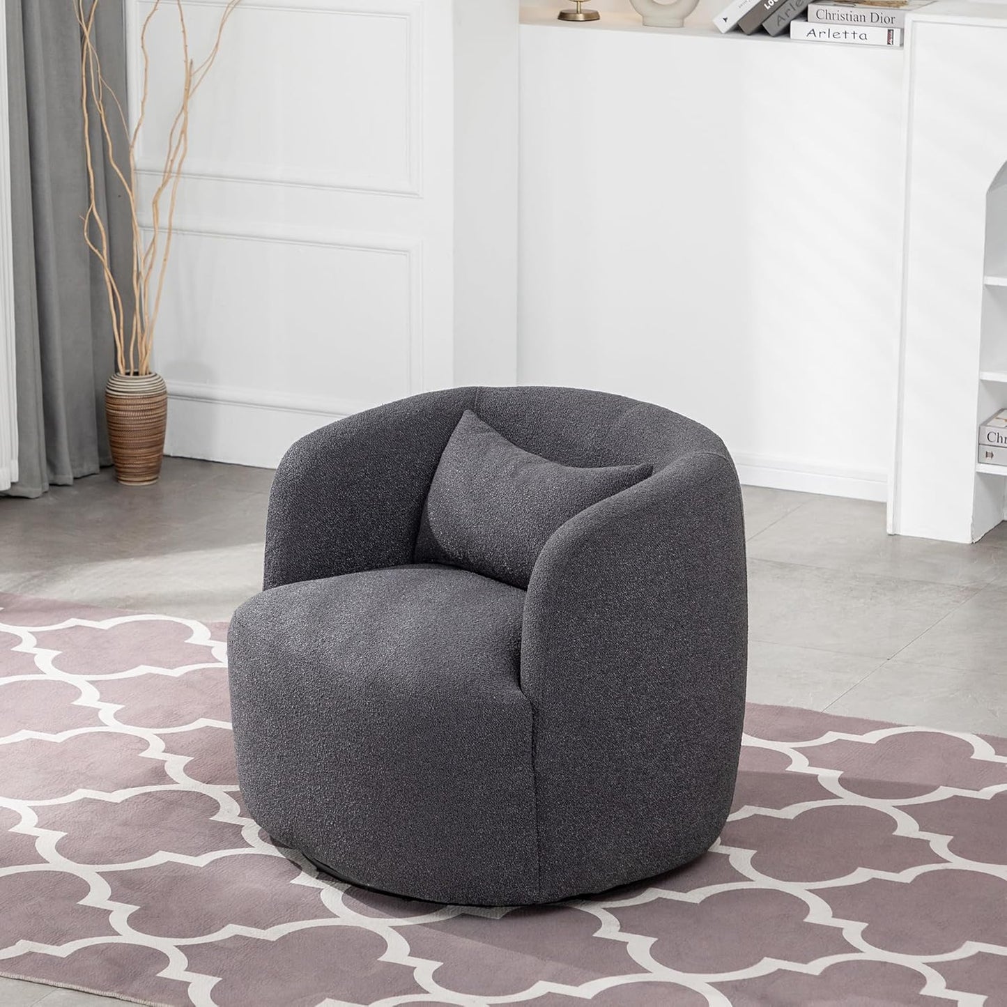 KINWELL 34" Wide Boucle Swivel Barrel Chairs Set of 2, No Assembly Round Upholstered Armchairs Accent Chairs Single Sofa Chair with Toss Pillow for Living Room and Bedroom, Dark Grey