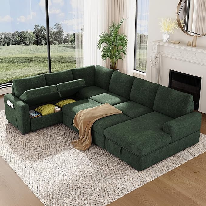 Vesgantti 113.6" Modular Sectional Sofa with Pull Out Couch Bed, 7 Seater U Shaped Sleeper Sofa with Storage Chaise, Chenille Sectional Couch for Living Room, Bedroom, Apartment, Green
