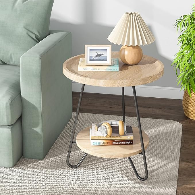 Tribesigns Set of 2 Round Side Table, 2-Tier End Table with Metal Legs, Modern Industrial Beside Table, Small Accent Table Snack Table for Living Room, Bedroom, Small Space, Wood Color