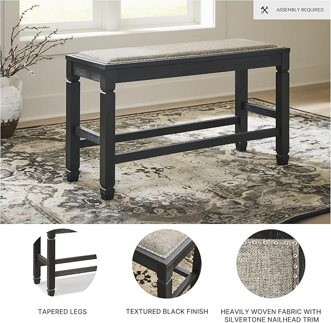 Signature Design by Ashley Tyler Creek Urban Farmhouse Counter Height Upholstered Dining Bench, Almost Black