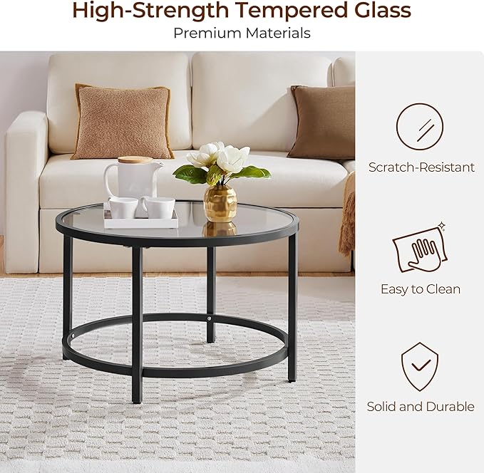 Yaheetech 27.6" Round Glass Coffee Table, Small Coffee Table for Living Room，Black Circle Coffee Tables Center Tables with Glass Top, Office & Apartment