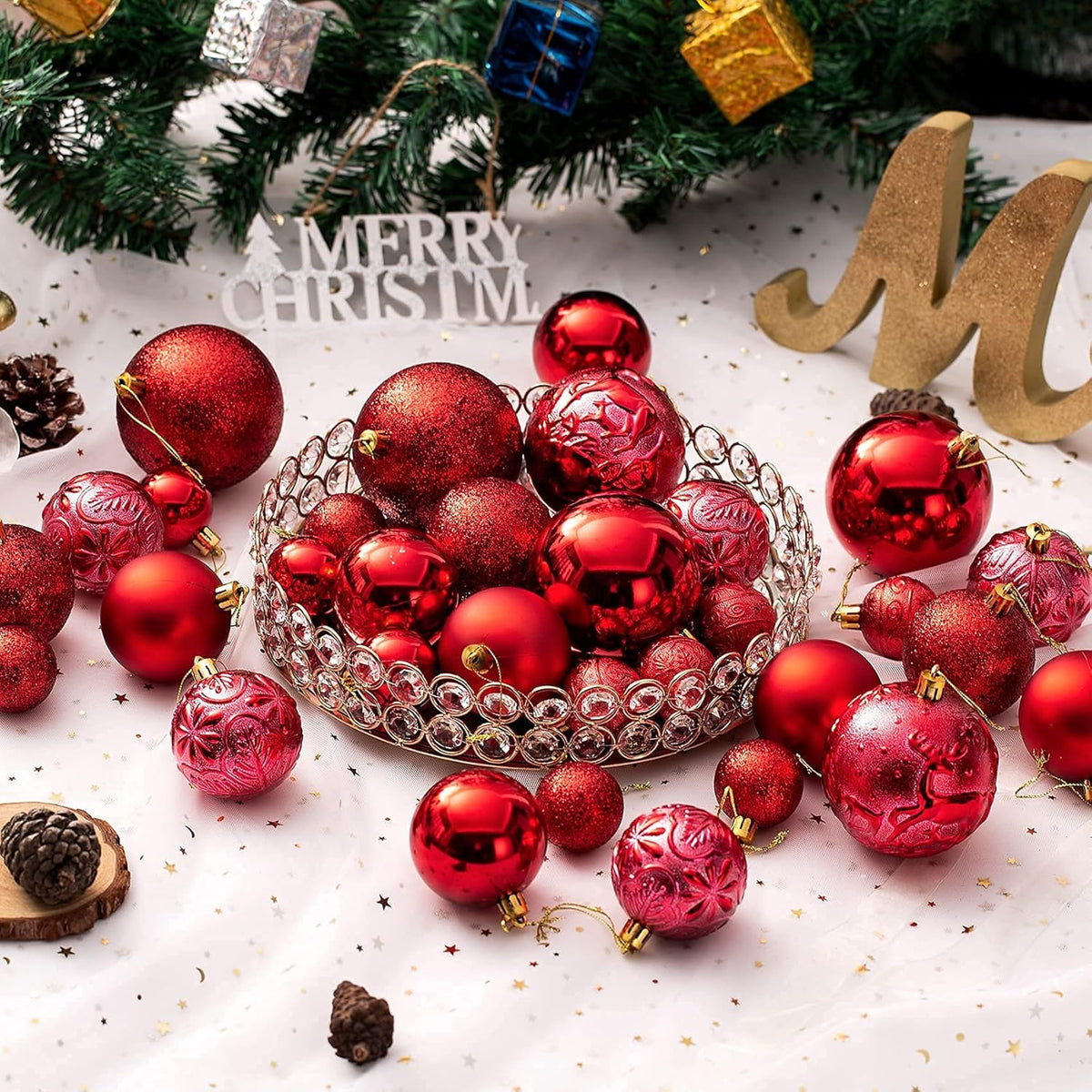Senjie Red Shatterproof Christmas Ball Ornaments, 32 Pcs, Plastic, Eclectic Style, Wedding & Christmas Occasion