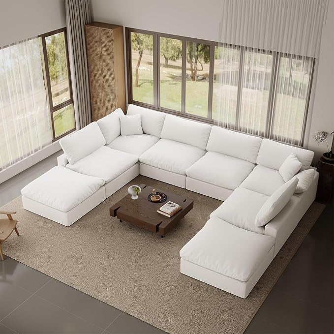 246.7" Oversized Cloud Modular Sectional Sofa,8 Seat Down Filled Sofa,Comfy Deep Seat Couch with Reversible Chaise & Cushions,Couch Cover Washable and Replaceable,White