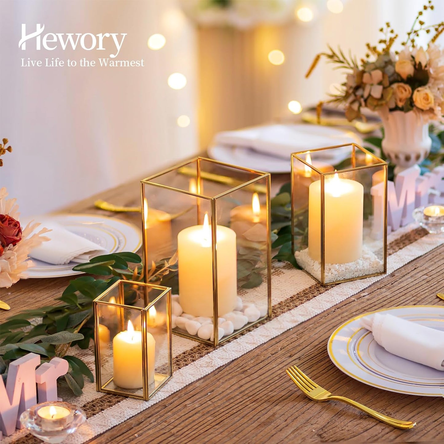 Glass Hurricane Candle Holder Large - Hewory 18pcs Gold Rectangle Flower Holders Centerpiece for Table, Tall Floor Square Pillar Candle Lantern for Wedding, Anniversary, Party, Fireplace, Dining Room