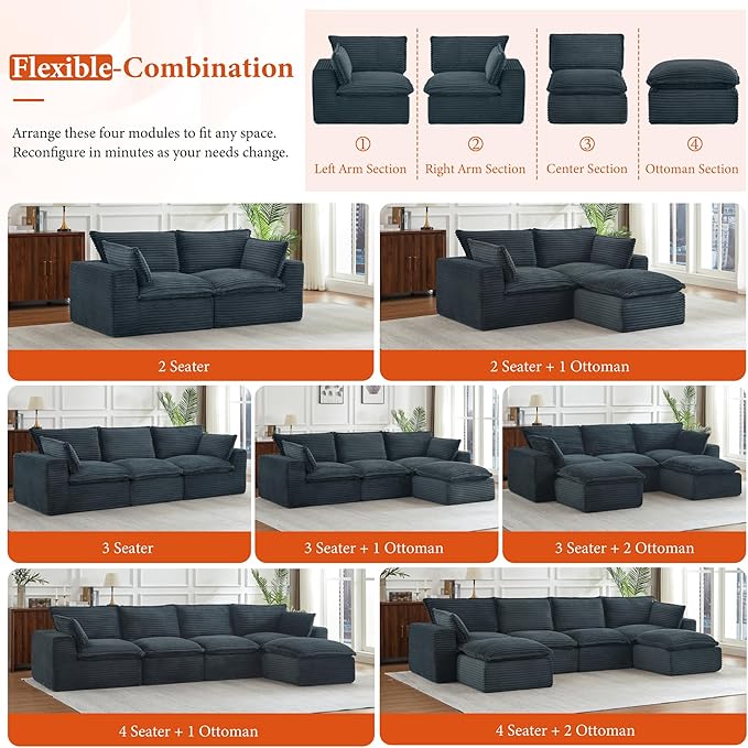 108" Sectional Couches for Living Room Boneless Couch Upholstered Cloud Couch Sectional Modular Sectional Sofa with L Shaped (Corduroy-Blue, 3 Seat+2 Ottoman)