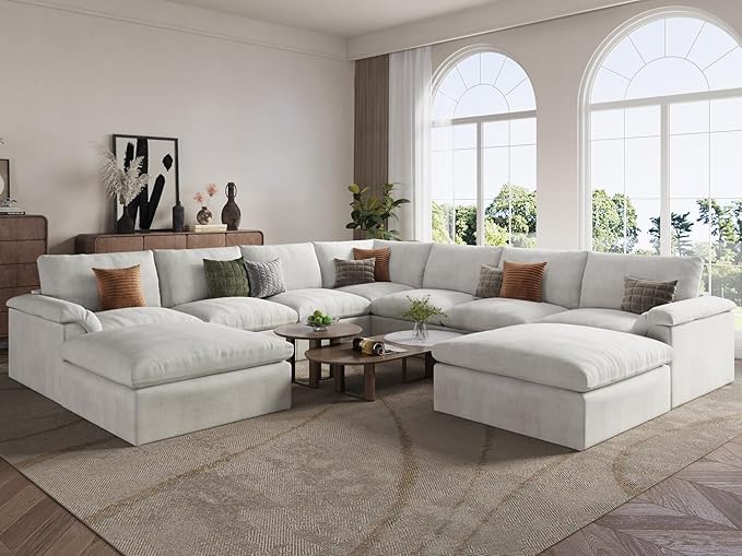 EASE MOOSE Oversized Sectional Cloud Couch, 9-Seat Modular Boneless Sofa Set with Deep Seat, No-Assembly Chenille Sofa for Living Room, White