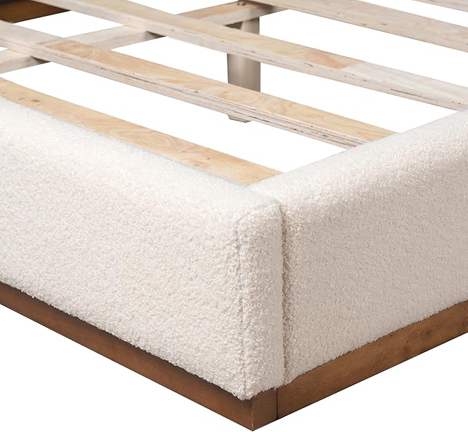 Christopher Knight Home Bettine Boucle Queen Size Bed, Boucle Headboard and Footboard, Rectangular Queen Size Headboard, Slat Panel Support Platform Bed, No Spring Box Needed, Easy Assembly, White