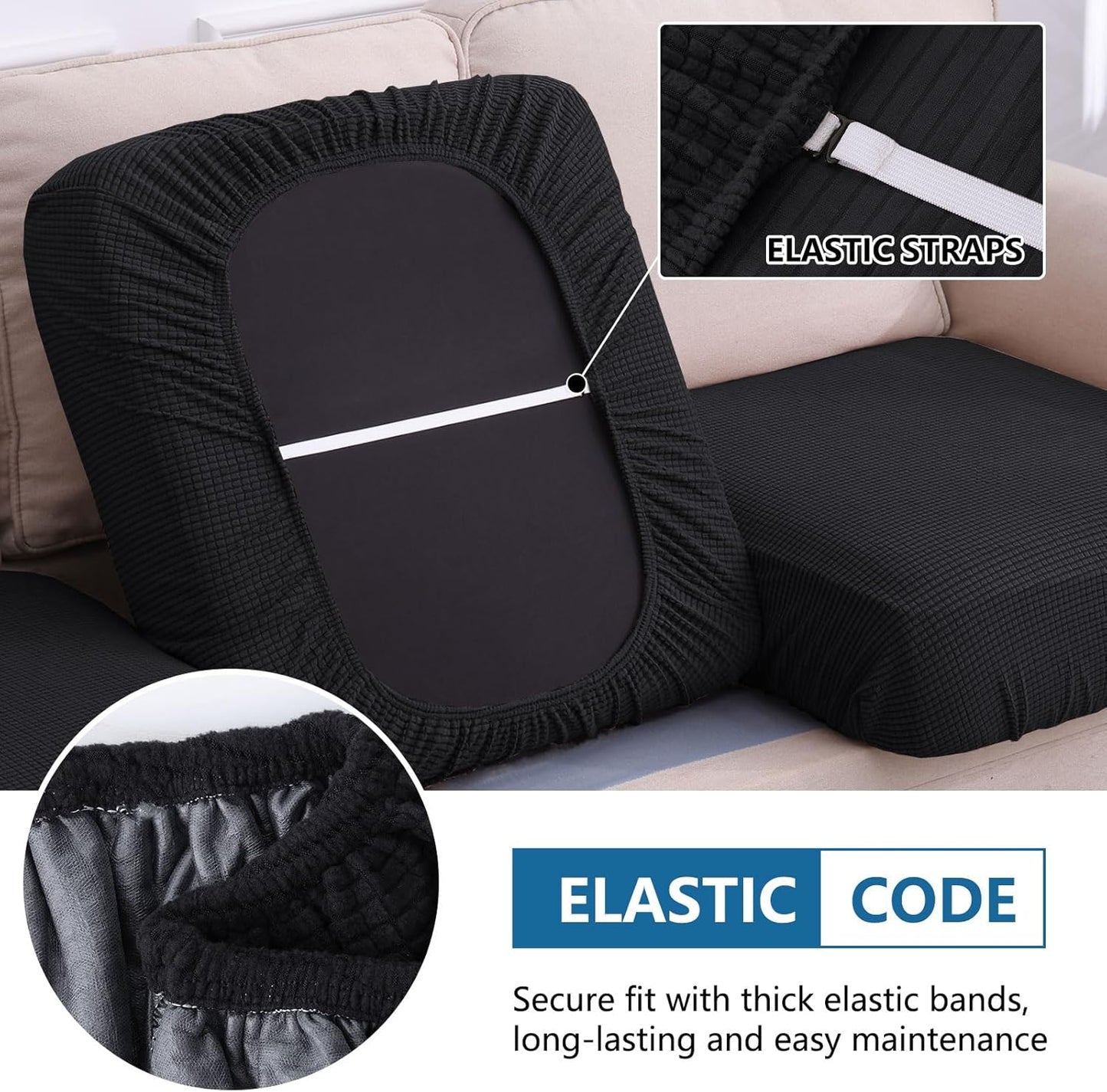 hyha Waterproof Couch Cushion Covers for Pets, Non Slip Sofa Seat Cover for Dogs Washable, Soft Thick Stretch Jacquard Fabric, Sofa Slipcovers with Elastic Bottom (1 Piece for Medium, Black)