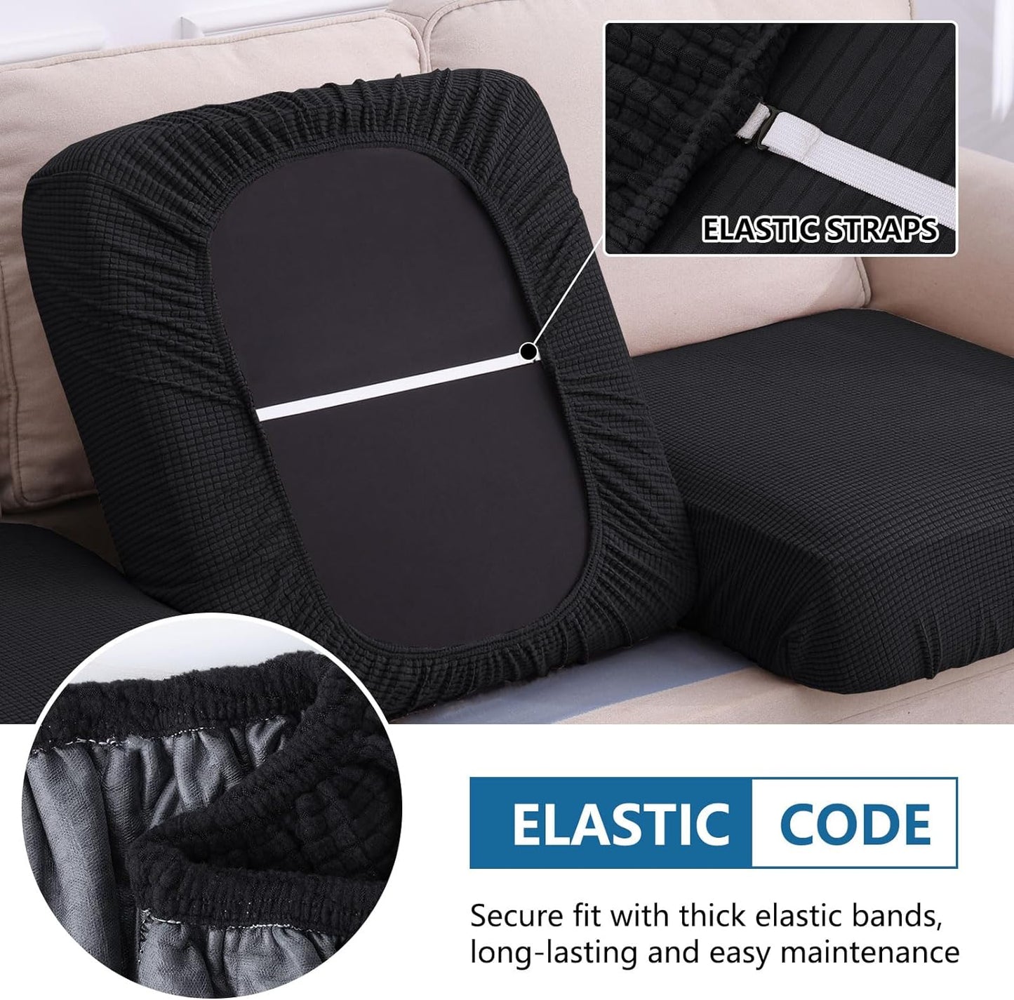 hyha Waterproof Couch Cushion Covers for Pets, Non Slip Sofa Seat Cover for Dogs Washable, Soft Thick Stretch Jacquard Fabric, Sofa Slipcovers with Elastic Bottom (1 Chaise+2 Seater, Black)
