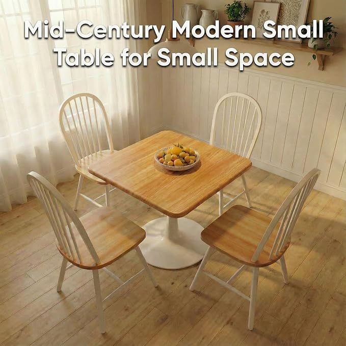 23.6" Square Small Dining Table for 2, Tulip Bistro Table with White Metal Pedestal Base, Modern Mid-Century Compact Kitchen Dining Piece for Home, Café, Restaurant, or Office