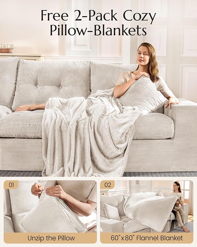 High Back Boneless Couch, Oversized U Shaped Cloud Couch with Versatile 2-Pack Pillow Blankets, Corduroy Modular Sectional Sofa with Ottoman, No Assemble Sectional Couches for Living Room
