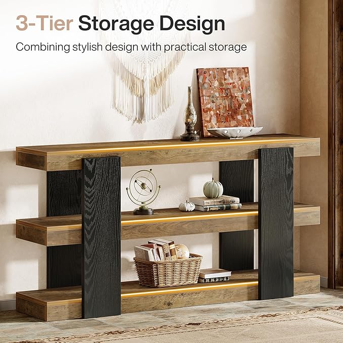Tribesigns 63-Inch Long Console Table, 3-Tier Entryway Table with Storage, Farmhouse Wood Behind Couch Tables for Entryway, Living Room, Hallway, Rustic Brown & Black