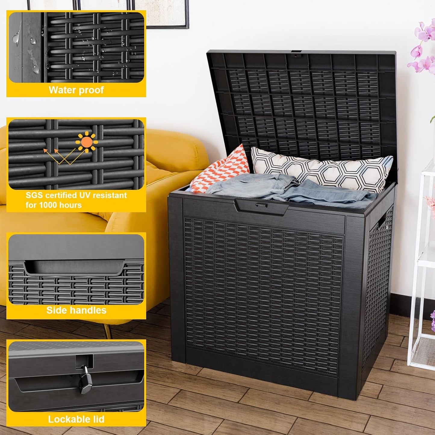 36 Gallon Outdoor Deck Box,Storage Lockable Waterproof Patio Furniture,Garden Tools,Cushions,Pool Accessories Outside Storage Resin Box(Black Pattern)