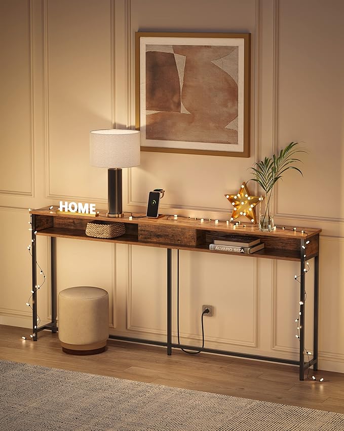 VASAGLE 70.9-Inch Console Table with Outlet and Shelves, Sofa Table with Charging Station, Behind Couch Table Skinny, Entryway Table for Hallway, Living Room, Rustic Brown and Ink Black ULNT118B01