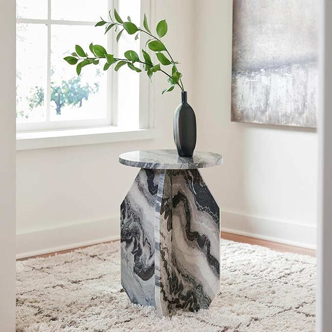 Signature Design by Ashley Wrenlane Contemporary Marble Accent Table, Black & White
