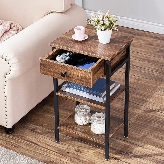 VECELO Tall End Table Set of 2,Nightstand with Drawer and Adjustable Storage Shelf,27.6 inch Side Table for Living Room/Bedroom/Entryway Small Spaces