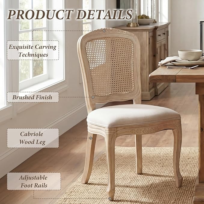 Wicker Dining Chairs Set of 6, Upholstered Linen Fabric Dining Room Chairs with Square High Rattan Back Farmhouse French Kitchen Chairs for Dining Table/Living Room/Restaurant, Cream