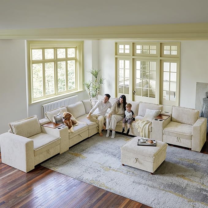 EcoHarbor Living Modular Sectional Sofa, Oversized L/U Shaped Couch with Console, USB Charger, Cup Holder, Storage, Ottoman, Convertible Couches for Living Room Bedroom Apartment, Beige