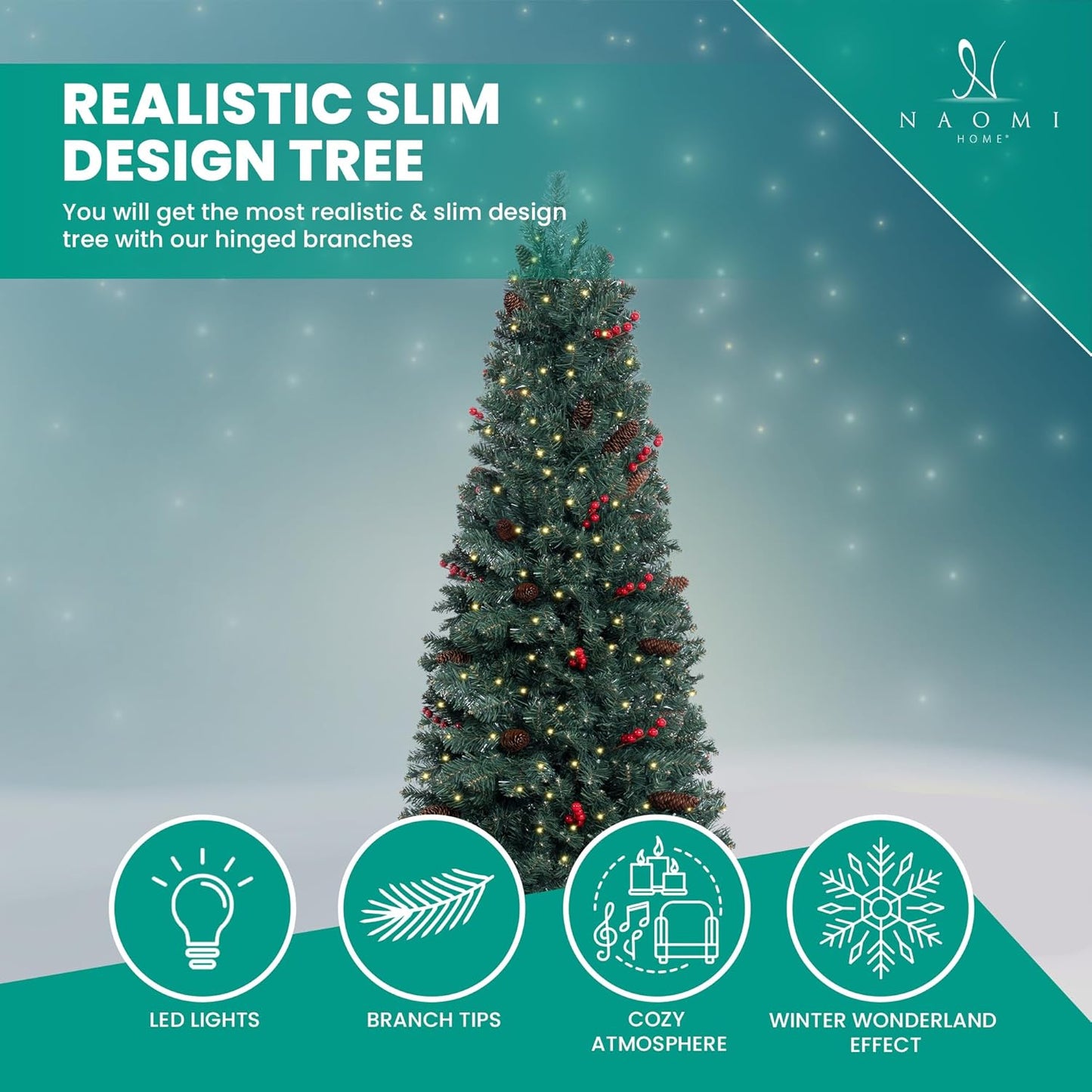 Naomi Home Belen 9ft Pencil Christmas Tree Prelit pre-Decorated with Pine Cones, Red Berries, 1457 Branch Tips, 500 Warm Lights and Metal Stand, 37" Wide Skinny Christmas Tree with Lights